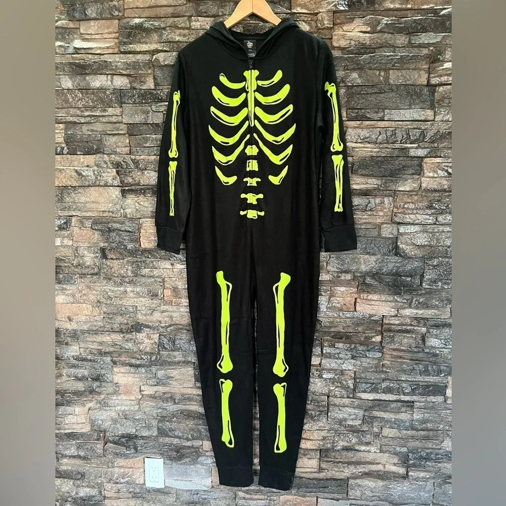 Hyde & Eek! Black Onesie with Neon Green Skeleton Design